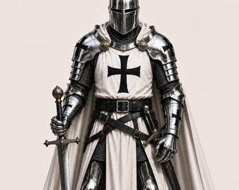 Puede incluir: Una armadura de placas de acero pulido que incluye un casco con visera vertical, una sobrevesta blanca con un emblema de cruz negra, capas de cota de malla, una capa blanca larga y una espada de doble filo sostenida por una mano enguantada.