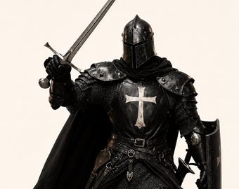 Puede incluir: Una armadura completa de placas de metal negro que incluye un casco con visera, una coraza con un emblema de cruz blanca, capas de cota de malla, una capa larga negra y guanteletes de metal. La armadura incluye una espada alzada y un escudo.