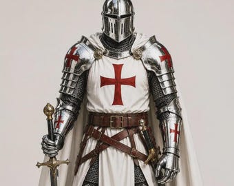 Puede incluir: Una armadura de placas de acero pulido con una túnica blanca que lleva un emblema de cruz roja. La armadura incluye un casco completo, cota de malla y hombreras. Una larga capa blanca cuelga de los hombros y una espada se sostiene en la mano.