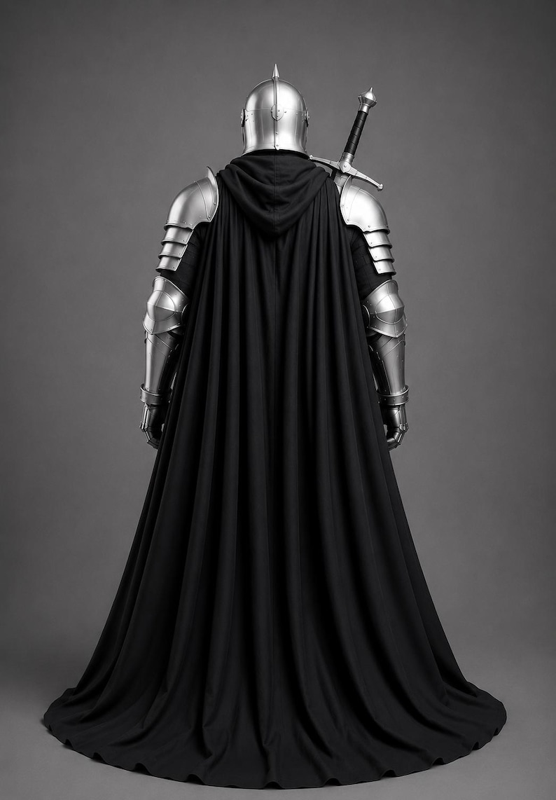 May include: A suit of silver metal plate armor featuring a rounded helmet, segmented shoulder and arm guards, and a long black hooded cloak. A long sword with a black hilt and silver crossguard is positioned diagonally across the back.