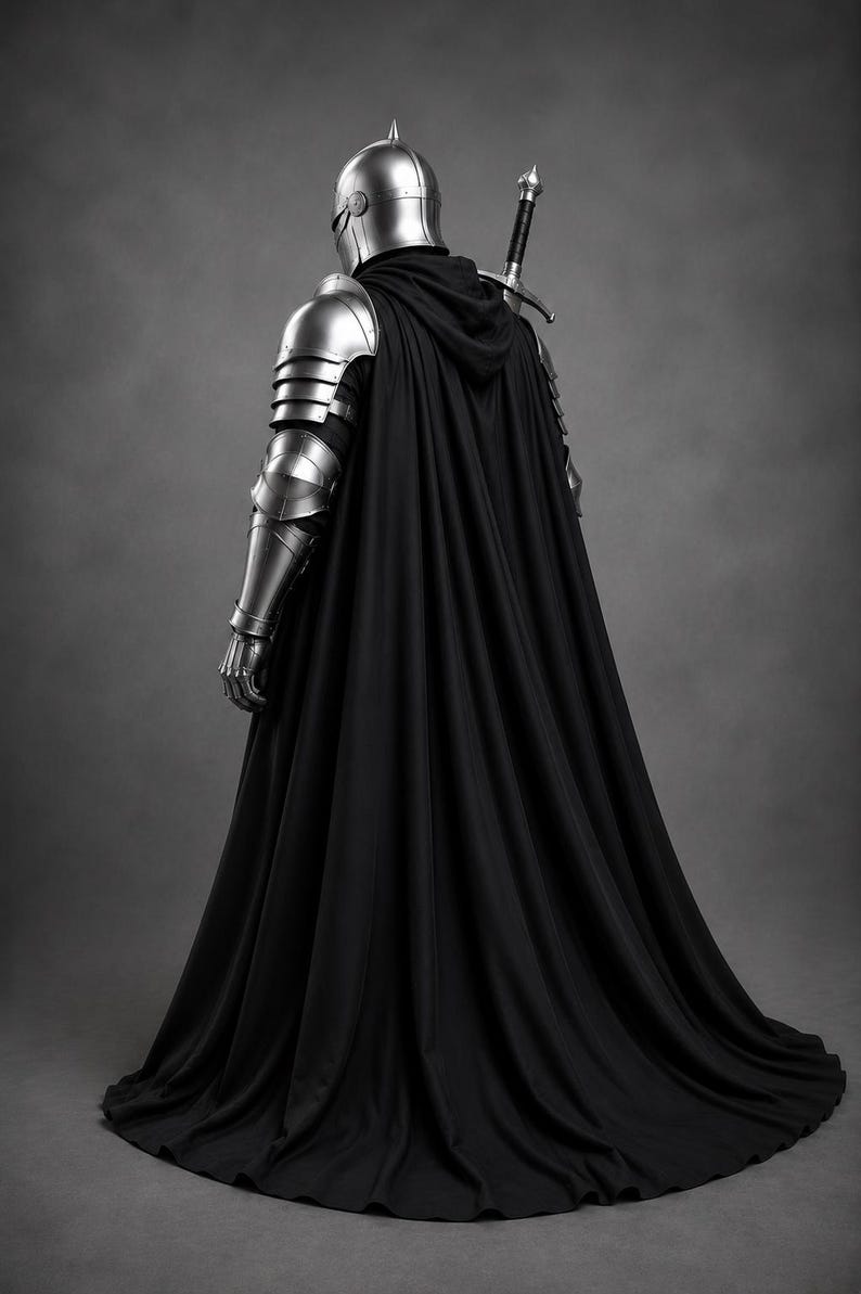 May include: A suit of polished silver metal armor featuring a rounded helmet with a central spike, articulated shoulder and arm plates, and a long, flowing black hooded cloak. A longsword with a black grip is strapped across the back.