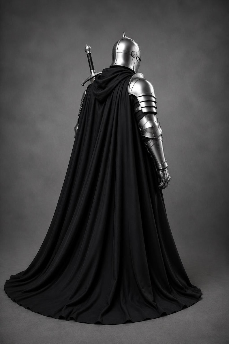 May include: A suit of polished silver metal armor featuring a rounded helmet, segmented shoulder and arm plating, and a long, flowing black hooded cloak. A longsword with a black grip and silver crossguard is strapped to the back of the armor.