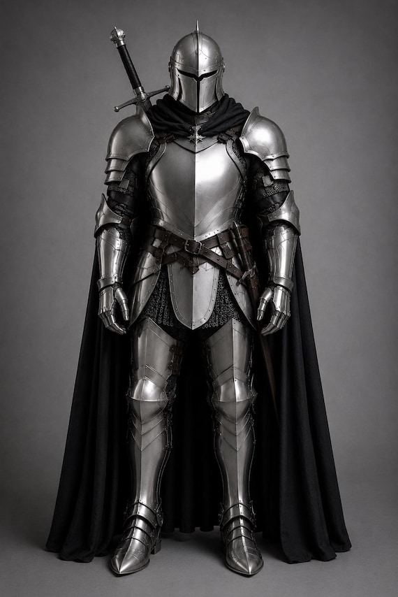 Handmade Medieval Knight Armor Set | Silver Full Plate Armor with Black Cloak | Gothic Knight LARP Cosplay Armor | Custom Steel Armor Suit
