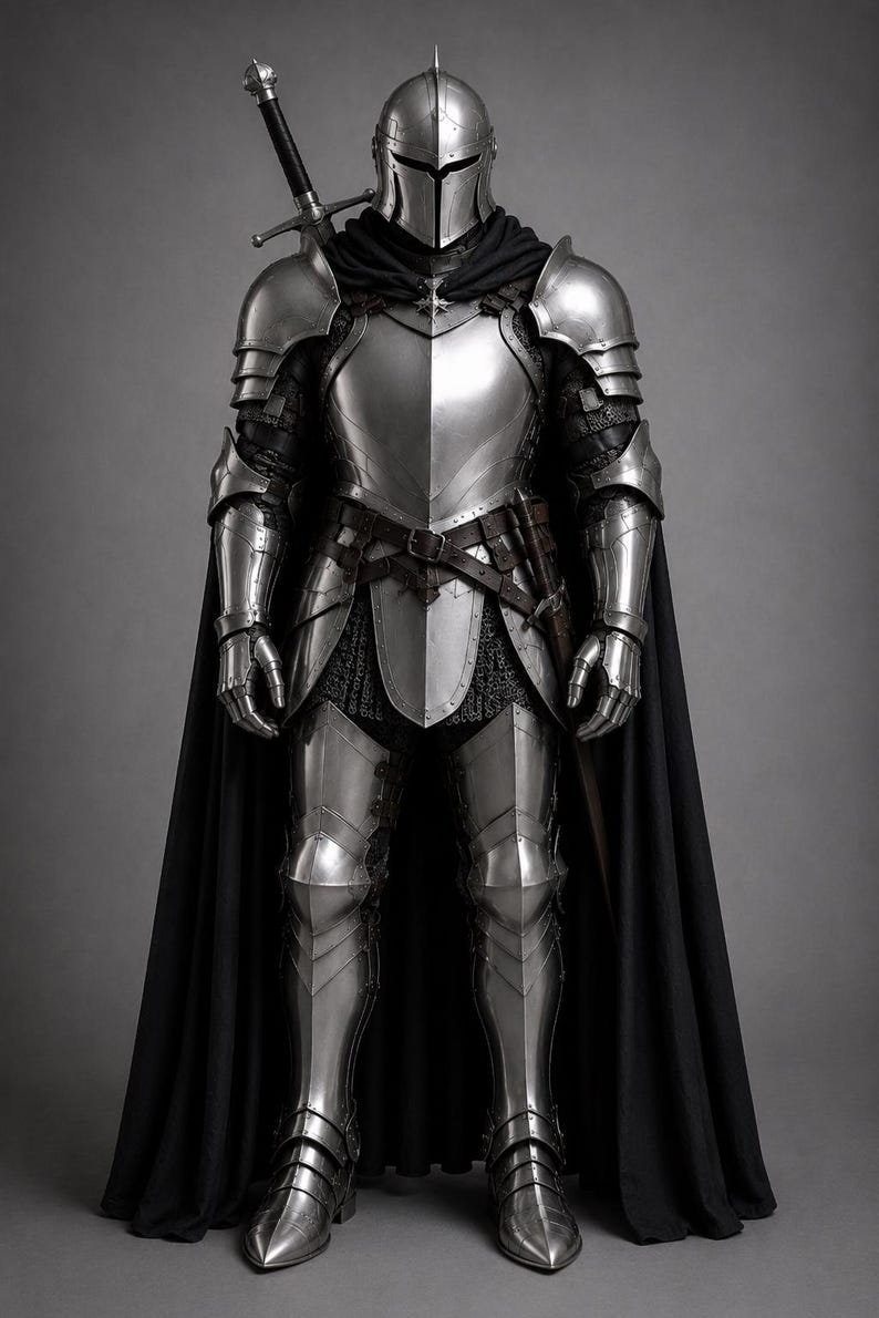 May include: A full suit of polished silver metal plate armor featuring a T-shaped visor helmet, articulated shoulder and arm guards, and greaves. A long black cape is fastened at the shoulders, and a long sword is strapped to the back.