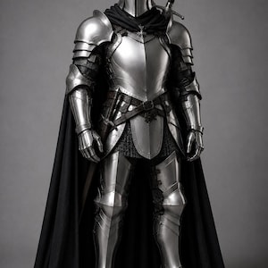 May include: A full suit of polished silver steel plate armor featuring a rounded helmet with a T-shaped visor, articulated pauldrons, gauntlets, and greaves. A long black cape is worn over the armor, and a longsword is strapped to the back.