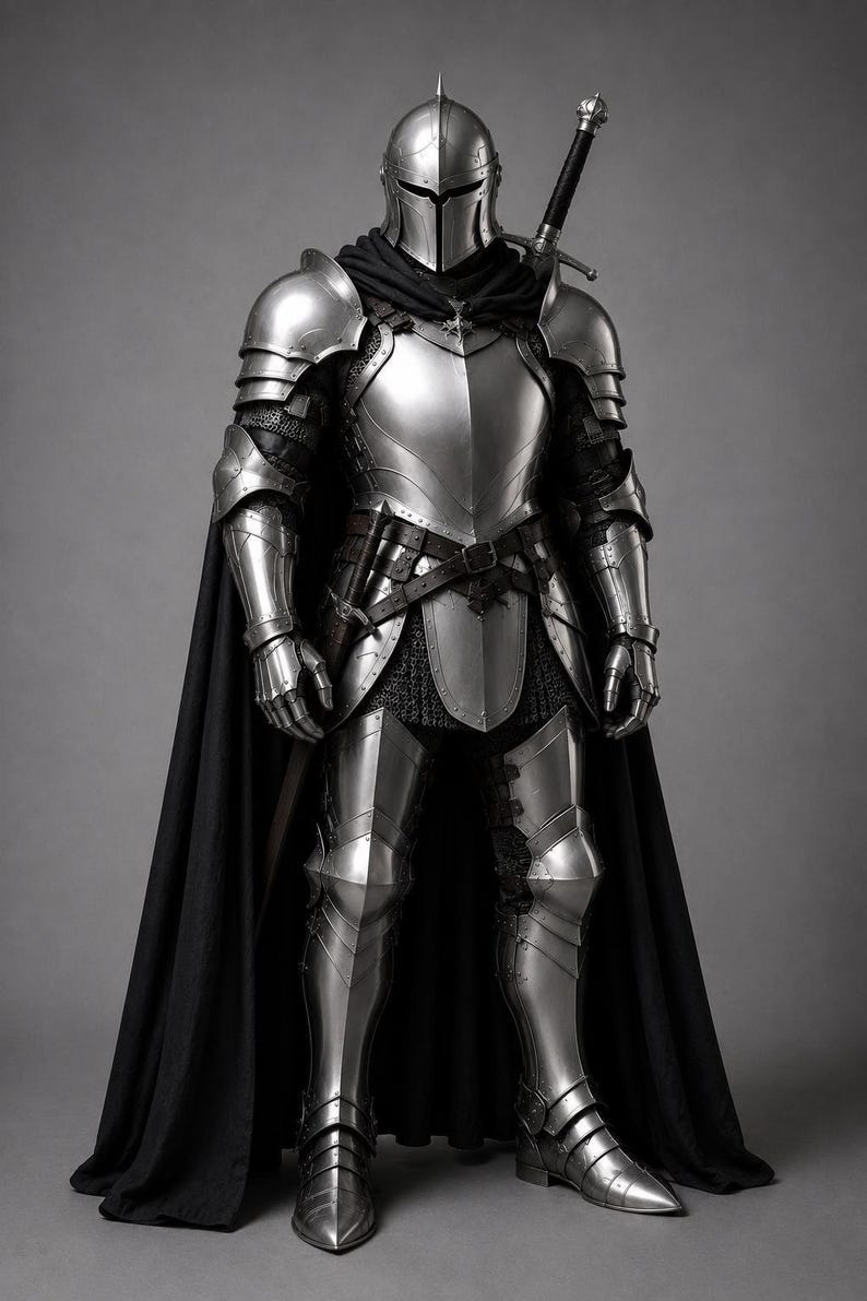 May include: A full suit of polished silver steel plate armor featuring a rounded helmet with a T-shaped visor, articulated pauldrons, gauntlets, and greaves. A long black cape is worn over the armor, and a longsword is strapped to the back.