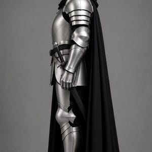 May include: A full suit of polished silver metal plate armor featuring a rounded helmet, segmented shoulder and arm guards, gauntlets, and leg greaves. A long black cape hangs from the shoulders, and a sword is strapped to the waist.