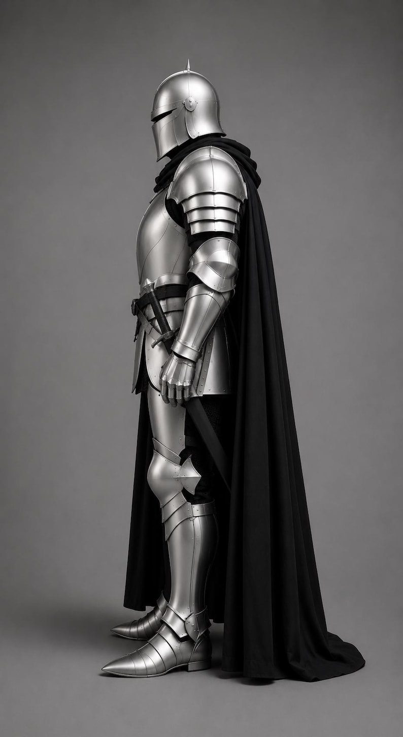 May include: A full suit of polished silver metal plate armor featuring a rounded helmet, segmented shoulder and arm guards, gauntlets, and leg greaves. A long black cape hangs from the shoulders, and a sword is strapped to the waist.