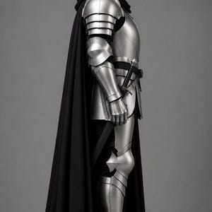 May include: A full suit of polished silver metal plate armor featuring a rounded helmet with a horizontal visor, articulated shoulder and arm guards, a breastplate, and leg greaves. A long black cape hangs from the shoulders over the armor.