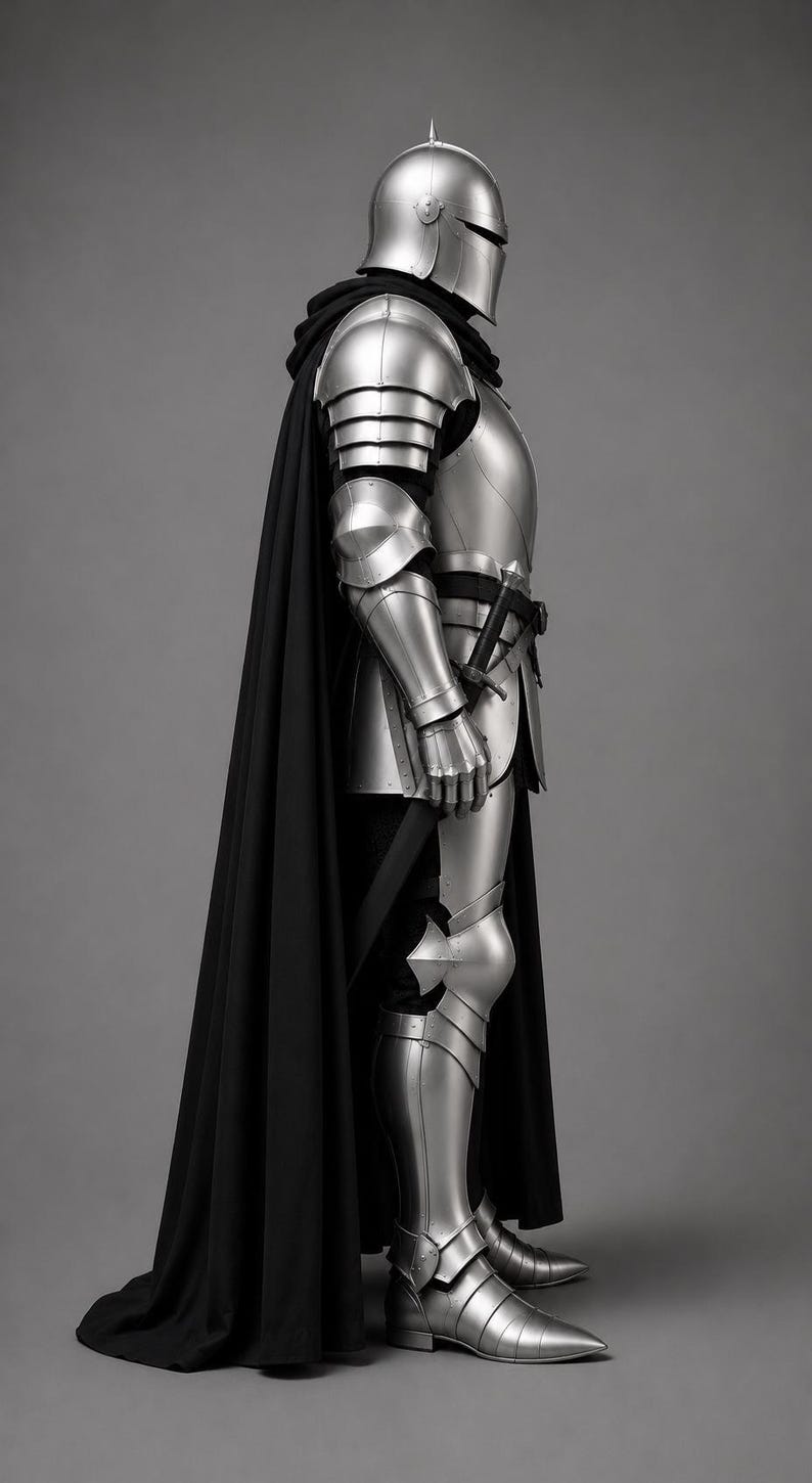 May include: A full suit of polished silver metal plate armor featuring a rounded helmet with a horizontal visor, articulated shoulder and arm guards, a breastplate, and leg greaves. A long black cape hangs from the shoulders over the armor.