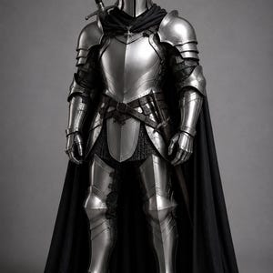 May include: A full suit of polished silver plate armor featuring a rounded helmet with a T-shaped visor, articulated shoulder pauldrons, gauntlets, and greaves. A long black cape hangs from the shoulders, and a longsword is strapped to the back.