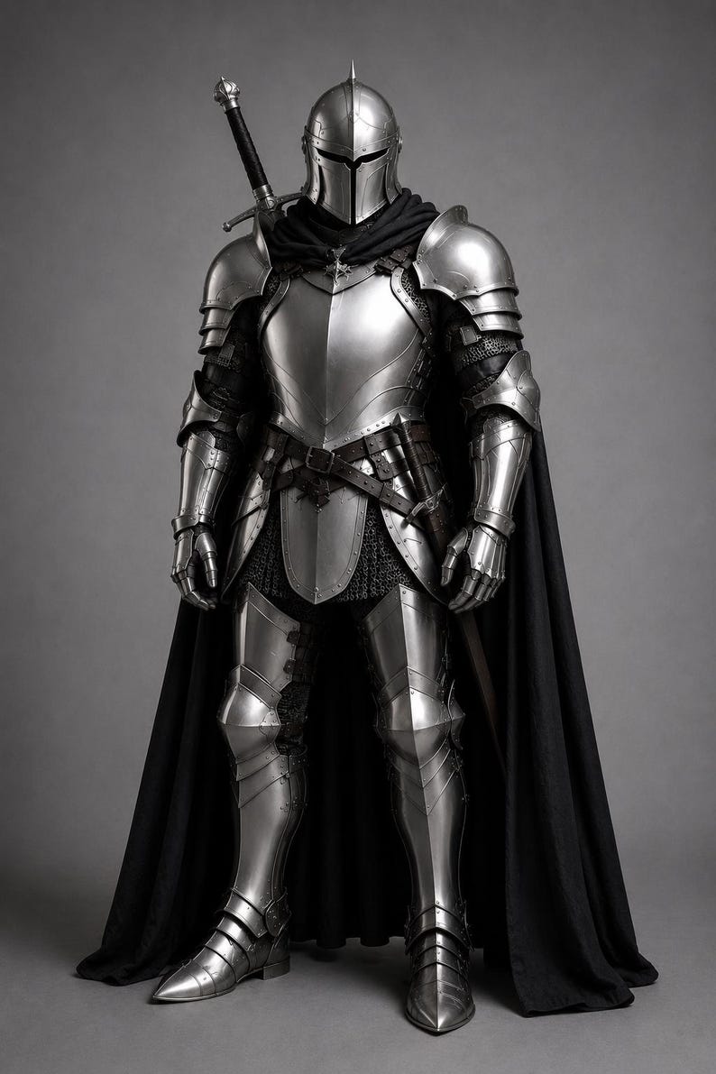 May include: A full suit of polished silver plate armor featuring a rounded helmet with a T-shaped visor, articulated shoulder pauldrons, gauntlets, and greaves. A long black cape hangs from the shoulders, and a longsword is strapped to the back.