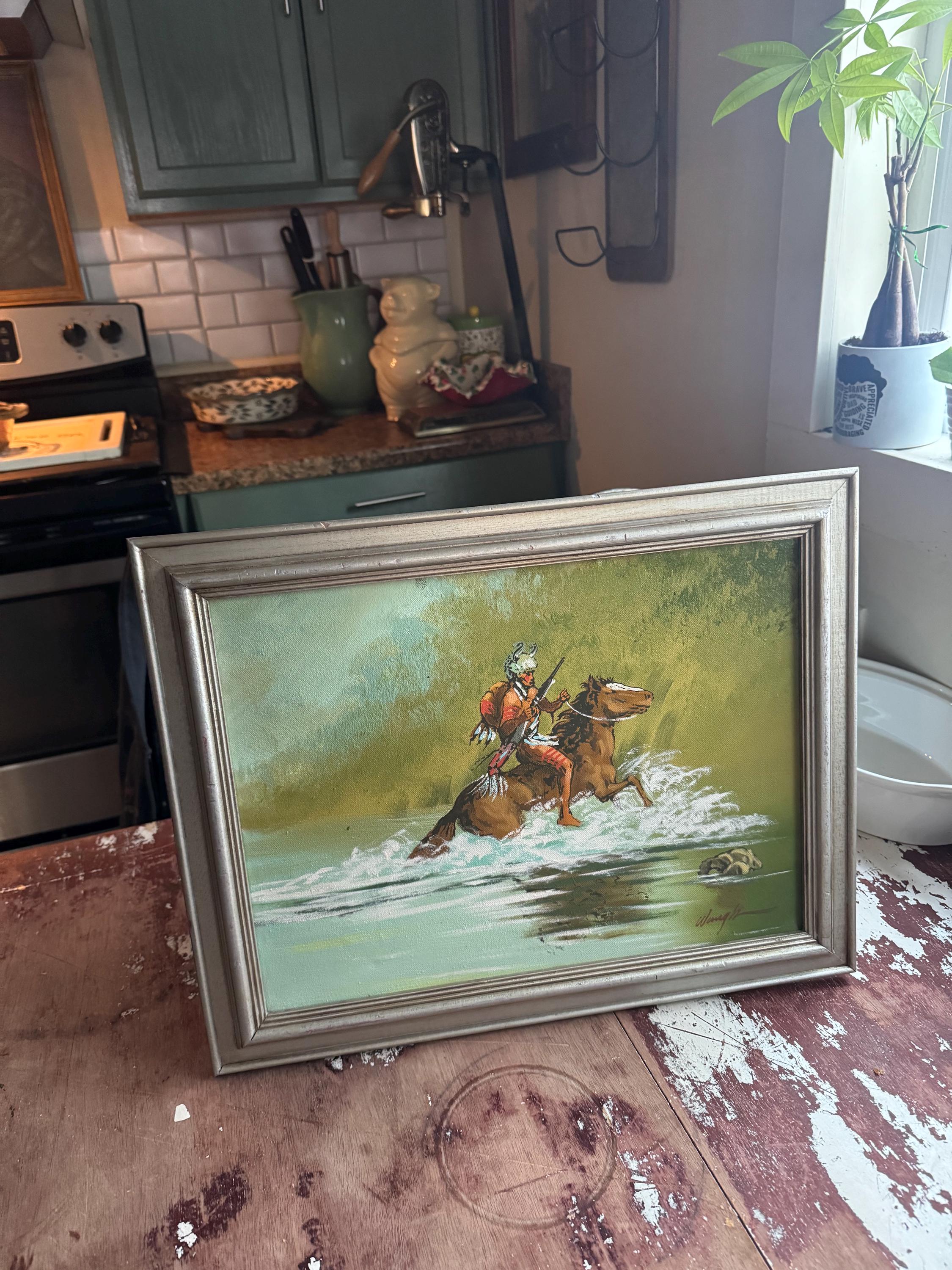 油絵 Wayne Cooper ネイティブアメリカン 西部画 額装 アンティーク