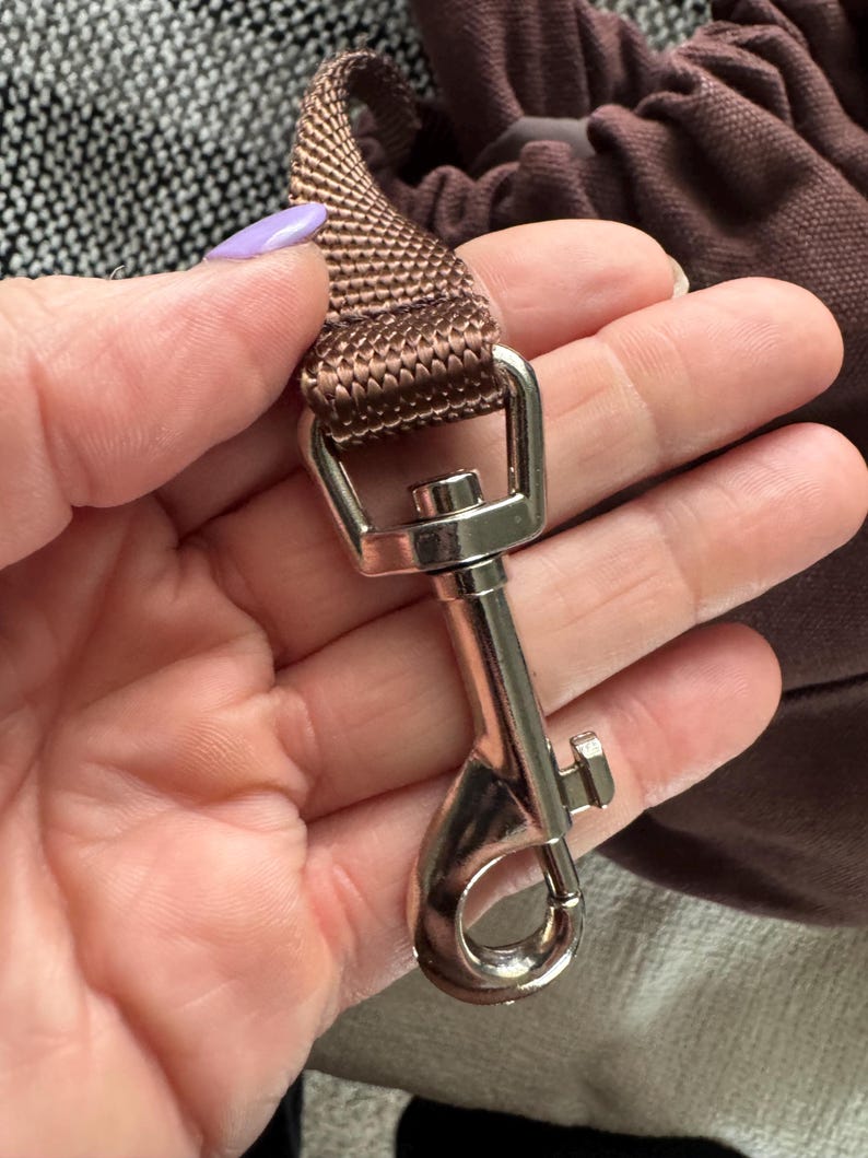 May include: A close-up of a brown nylon strap with a silver-colored metal clasp. The strap is looped and attached to a silver metal swivel hook. The background includes a brown fabric and a patterned surface.