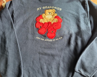 navy blue Hanes embroidered "My Grandkids" sweatshirt featuring a teddy bear among red apples. Large