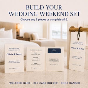 May include: A wedding weekend set featuring a cream-colored welcome card, a folded key card holder with a dark blue hotel key, and a vertical door hanger. All items display dark blue text including the names Olivia & James and event details.