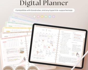 May include: A digital planner for 2026, displayed on a tablet, with a white stylus. The planner is compatible with Goodnotes and other apps. The image shows a calendar view with a monthly, weekly, and daily layout. The planner is dated from January to December.
