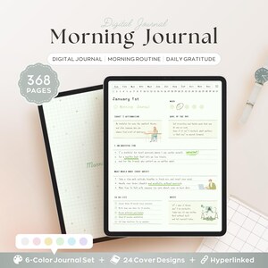 May include: A digital journal displayed on a tablet, featuring the text "Morning Journal". The journal includes sections for daily affirmations, gratitude, and to-do lists. A notebook with grid paper and a watch are also visible in the image.