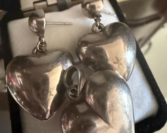 1970s Puffy Hearts Drop Dangle Sterling Earrings w Pendant