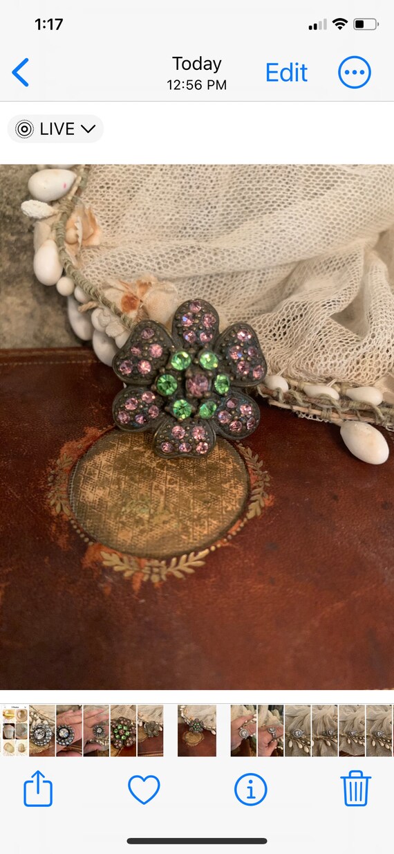 1930 Rhinestone Flower Brooch Pink Green - image 1