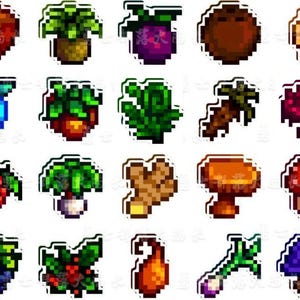 May include: A selection of pixelated stickers depicting various fruits, vegetables, and fungi. The stickers include a coconut, mushrooms, berries, and other produce. Each sticker has a white border and a distinct, colourful design.