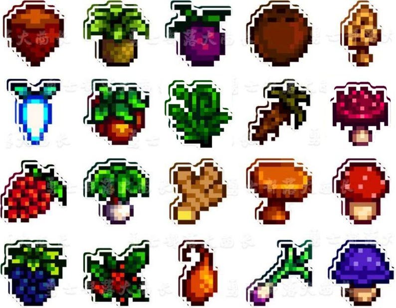 May include: A selection of pixelated stickers depicting various fruits, vegetables, and fungi. The stickers include a coconut, mushrooms, berries, and other produce. Each sticker has a white border and a distinct, colourful design.