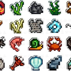 May include: A selection of pixelated stickers depicting marine life and underwater items. The stickers include a red treasure chest, green seaweed, a dark grey rock, a brown sea creature, a brown branch, yellow coral, a grey stone, a blue disc, and more.