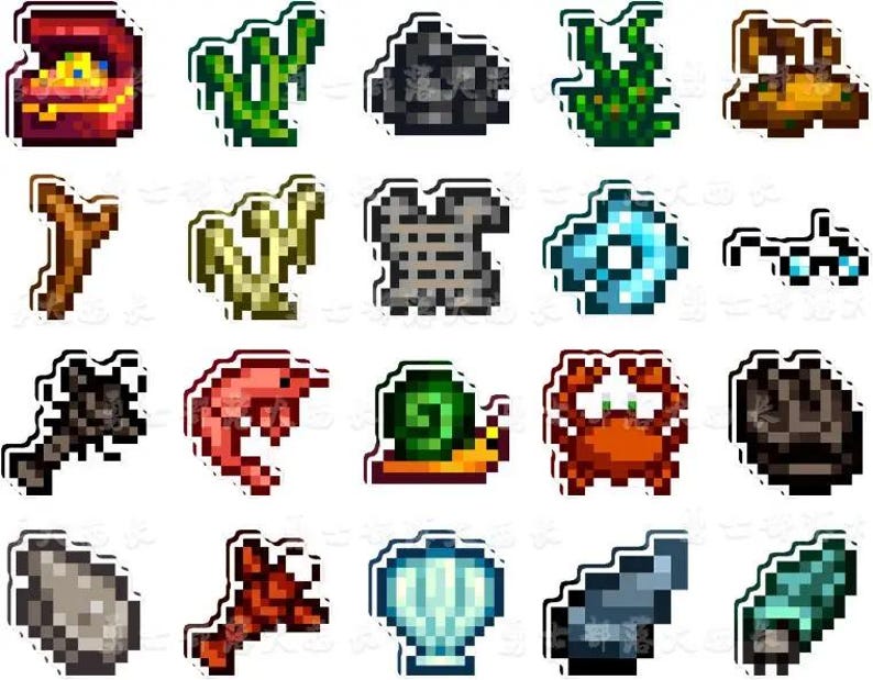 May include: A selection of pixelated stickers depicting marine life and underwater items. The stickers include a red treasure chest, green seaweed, a dark grey rock, a brown sea creature, a brown branch, yellow coral, a grey stone, a blue disc, and more.