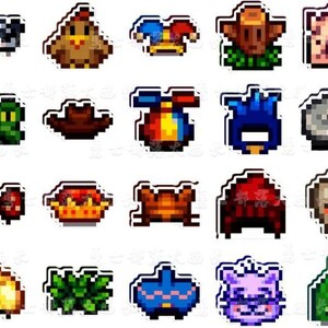 May include: A selection of pixel art stickers with diverse designs. Includes a panda, chicken, jester, tree, pig, frog, cowboy hat, propeller, helmet, and a grey disc. Also includes a bow tie, crown, hat, skull, taco, plant, purse, cat, and a green fruit.