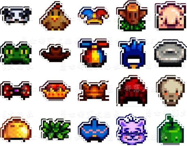 May include: A selection of pixel art stickers with diverse designs. Includes a panda, chicken, jester, tree, pig, frog, cowboy hat, propeller, helmet, and a grey disc. Also includes a bow tie, crown, hat, skull, taco, plant, purse, cat, and a green fruit.