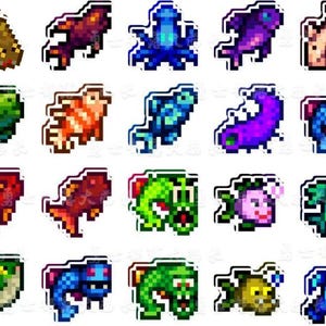 May include: A selection of pixelated aquatic creatures, including fish, an octopus, and a crab, in various colours such as green, red, blue, and purple. Each creature has a white border, creating a sticker-like appearance. The designs are reminiscent of retro video game graphics.