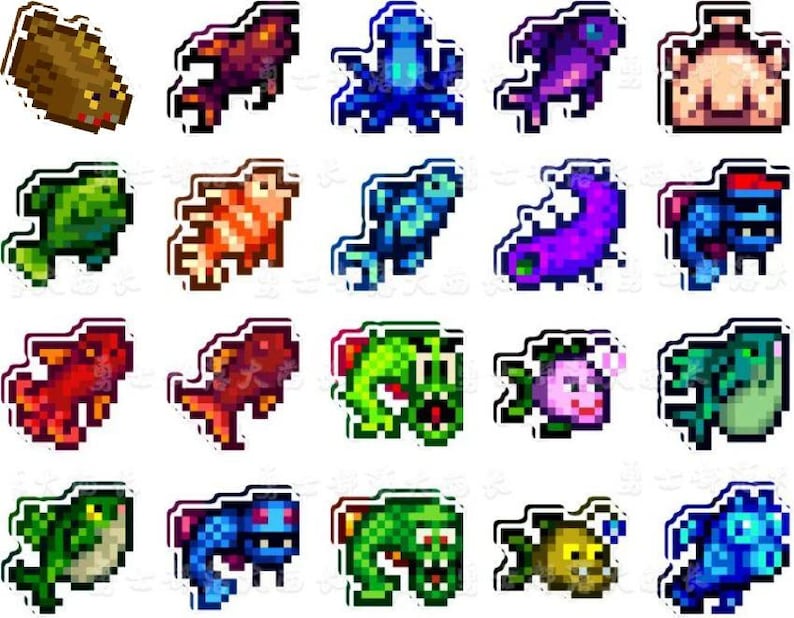 May include: A selection of pixelated aquatic creatures, including fish, an octopus, and a crab, in various colours such as green, red, blue, and purple. Each creature has a white border, creating a sticker-like appearance. The designs are reminiscent of retro video game graphics.