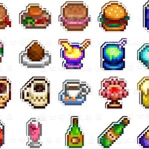 May include: A selection of pixelated food and drink stickers. Includes burgers, ice cream, coffee mugs, cocktails, beer, soda, and bottles of wine. The stickers have white borders and are set against a white background.