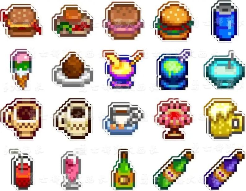 May include: A selection of pixelated food and drink stickers. Includes burgers, ice cream, coffee mugs, cocktails, beer, soda, and bottles of wine. The stickers have white borders and are set against a white background.