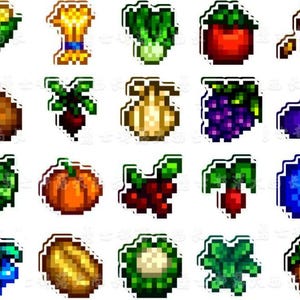 May include: A selection of pixelated stickers depicting different vegetables and crops. Includes corn, wheat, lettuce, tomato, beans, potato, beetroot, onion, grapes, aubergine, hops, pumpkin, berries, radish, blueberry, and more.