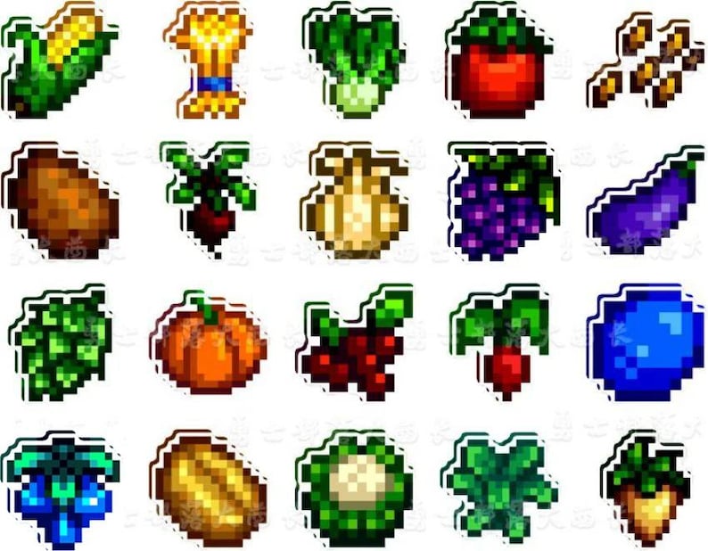 May include: A selection of pixelated stickers depicting different vegetables and crops. Includes corn, wheat, lettuce, tomato, beans, potato, beetroot, onion, grapes, aubergine, hops, pumpkin, berries, radish, blueberry, and more.