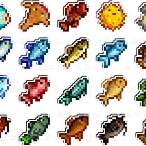 May include: A selection of pixelated fish stickers in diverse colours, such as blue, red, yellow, and green. Each sticker has a white border and a unique design, showcasing different fish species in a retro, video game style.
