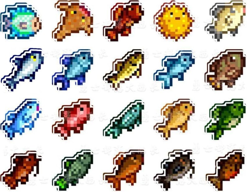 May include: A selection of pixelated fish stickers in diverse colours, such as blue, red, yellow, and green. Each sticker has a white border and a unique design, showcasing different fish species in a retro, video game style.