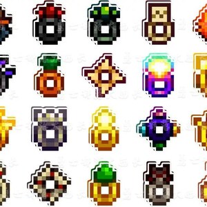 May include: A selection of pixel art stickers in various colours. The stickers feature diverse designs, including red, green, blue, and gold. Each sticker has a unique shape and design, with a central square or circular opening.