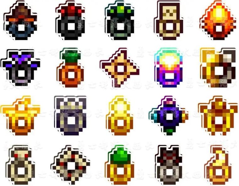May include: A selection of pixel art stickers in various colours. The stickers feature diverse designs, including red, green, blue, and gold. Each sticker has a unique shape and design, with a central square or circular opening.