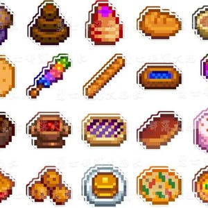 May include: A selection of pixelated food stickers, featuring a muffin, bread, pie, cookie, lollipop, and other treats. The stickers are in various colours and shapes, ideal for decorating or crafting projects.