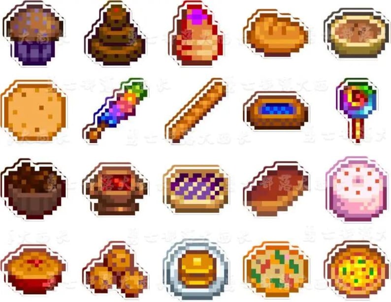 May include: A selection of pixelated food stickers, featuring a muffin, bread, pie, cookie, lollipop, and other treats. The stickers are in various colours and shapes, ideal for decorating or crafting projects.