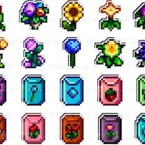 May include: A selection of pixelated stickers featuring flowers and seed packets. The flowers include a red rose, a sunflower, and a purple flower. The seed packets are in various colours and show different plant illustrations.