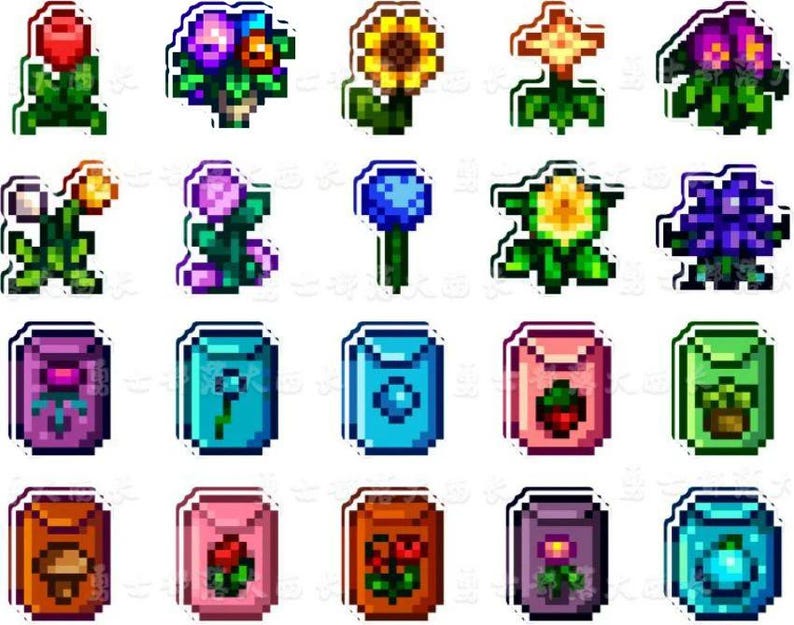 May include: A selection of pixelated stickers featuring flowers and seed packets. The flowers include a red rose, a sunflower, and a purple flower. The seed packets are in various colours and show different plant illustrations.