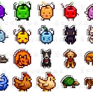 May include: A selection of pixel art stickers depicting fruits, vegetables, and animals. The stickers showcase a purple plum, green pepper, orange pumpkin, red apple, and a purple aubergine. Animals include a black cat, dog, and chicken.