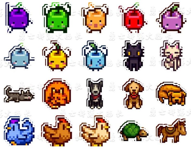 May include: A selection of pixel art stickers depicting fruits, vegetables, and animals. The stickers showcase a purple plum, green pepper, orange pumpkin, red apple, and a purple aubergine. Animals include a black cat, dog, and chicken.