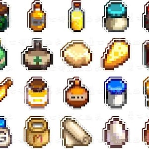 May include: A set of pixelated stickers depicting various potion bottles, ingredients, and containers. The stickers feature a range of colours, including green, yellow, brown, and blue, with a retro video game aesthetic. The items include bottles, eggs, and other fantasy game elements.