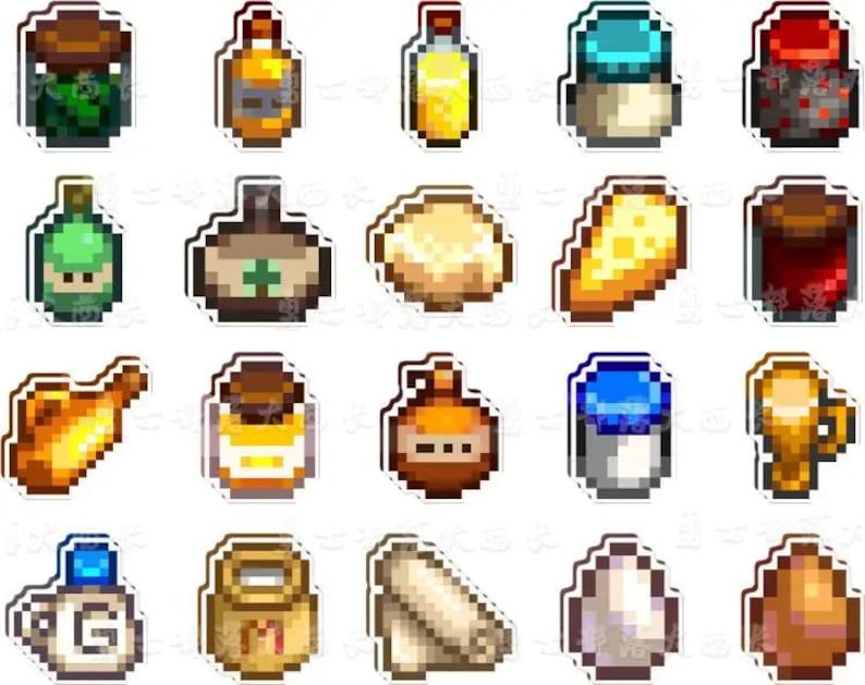 May include: A set of pixelated stickers depicting various potion bottles, ingredients, and containers. The stickers feature a range of colours, including green, yellow, brown, and blue, with a retro video game aesthetic. The items include bottles, eggs, and other fantasy game elements.