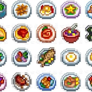May include: A selection of pixelated food illustrations, including sushi, tacos, and various dishes on plates. The dishes display a variety of colours and textures, suggesting a diverse culinary theme.