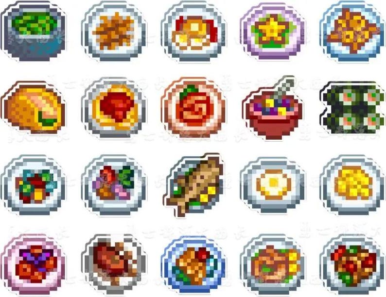 May include: A selection of pixelated food illustrations, including sushi, tacos, and various dishes on plates. The dishes display a variety of colours and textures, suggesting a diverse culinary theme.